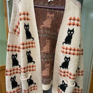 Maurices Cream and Black Cat Patterned Cardigan
